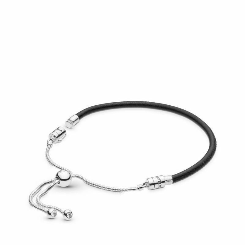 Pandora Australia Sliding Black Leather Bracelet - Sterling Silver | FEQHZB904